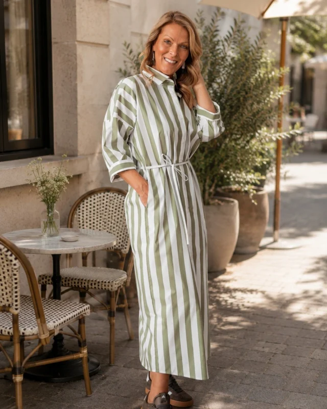 Friday feeling, sorted.  Mashi shirt dress in olive stripe or sandy beige – two colours, one easy silhouette. Relaxed fit, a tie waist, and stripes that just feel like summer.  Wear it with trainers through the city or swap for sandals when the sun shows up. Either way, Mashi has you covered. @justmust.eu 
 #scandistyle #naturallyyou #effortlesselegance #summerwardrobe #estoniandesign #happywithjustmust #justmustbyewi #fashionintallinn